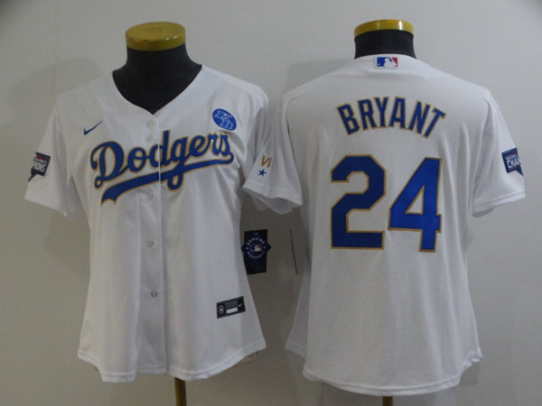 Women's Los Angeles Dodgers Front #8 Back #24 Kobe Bryant White Gold Championship Cool Base Stitched Jersey(Run Small)